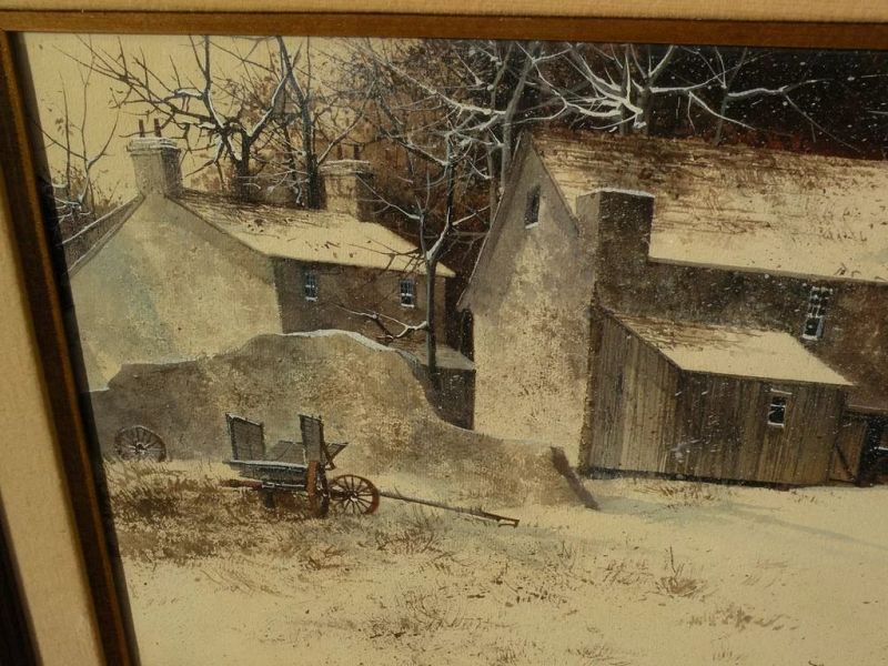 FRANK MOSS HAMILTON (1930-1999) original gouache realism painting of winter landscape with barns by noted California artist‏