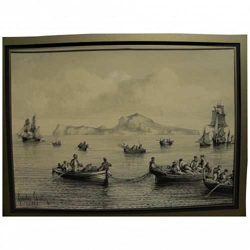 GONSALVO CARELLI (1818-1910) Italian art watercolor and ink drawing of boats near Capri by noted Naples landscape artist