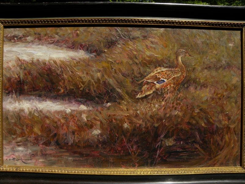 S. SCOTT ZUCKERMAN (1951-) oil painting of duck in autumn grass by noted American wildlife and sporting artist