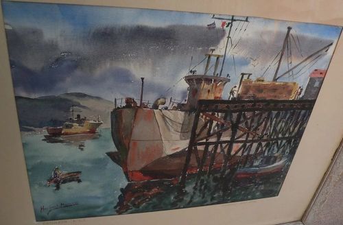 California watercolor school fine painting of docks at Ensenada Mexico by listed artist HERBERT MANASSE (1891-1965)