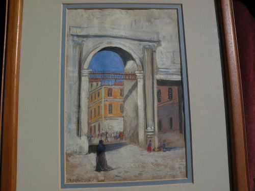 Spanish signed 19th century gouache on paper drawing