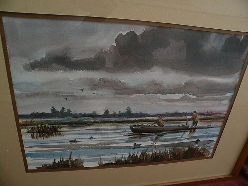 Contemporary American sporting art watercolor painting duck hunters on marsh