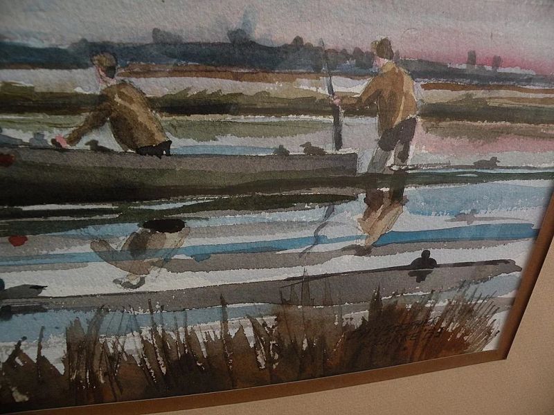 Contemporary American sporting art watercolor painting duck hunters on marsh