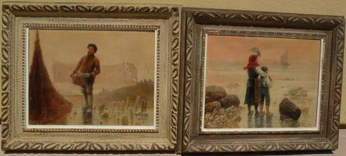 PIERRE TESTU (19th/20th century French) **PAIR** of oil paintings of shellfish gatherers at the coast