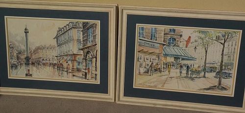 **PAIR** 1960 signed Paris watercolor paintings Place Vendome Le Dome Cafe