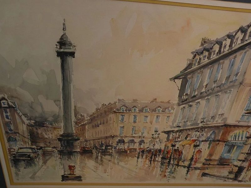 **PAIR** 1960 signed Paris watercolor paintings Place Vendome Le Dome Cafe
