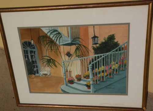 New Orleans art original watercolor painting of Brulatour Courtyard by Philadelphia artist Florence W. Steck