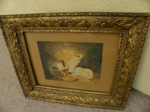 Antique watercolor painting rabbits eating peach