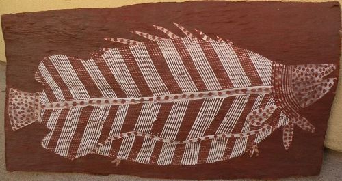 MICK KUBARKKU (1922-2008) Australian aboriginal art eucalyptus bark painting of a barramundi fish by important artist
