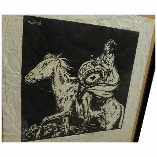 LON MEGARGEE (1883-1960) block print of Native American on horseback by major Arizona artist