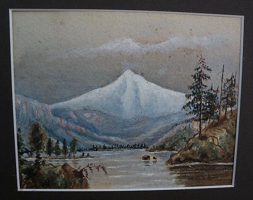 American Northwest vintage watercolor painting of Mount Hood Oregon circa 1900
