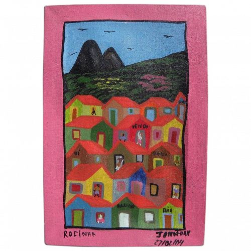 Brazilian naive art colorful contemporary painting of Rio de Janeiro neighborhood