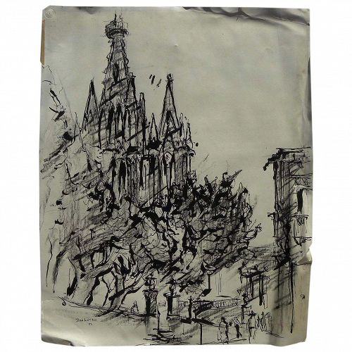 DAN LUTZ (1906-1978) ink drawing of cathedral in Mexico by well listed California modernist artist