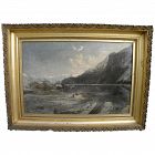 Old likely Northwest Coast or Alaskan winter mountain landscape painting with figures and canoes