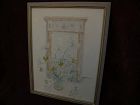 Vintage American watercolor painting Federal style gilt mirror with flowers in a vase