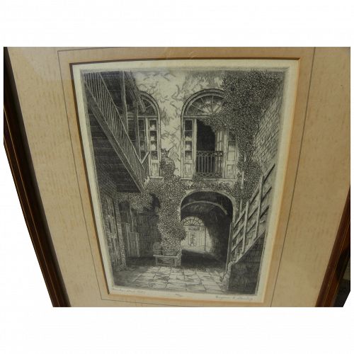 EUGENE LOVING (1908-1971) pencil signed etching "Bourbon Street Patio" by noted New Orleans artist