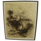 THOMAS MORAN (1837-1926) pencil signed 1883 etching "A Tower of Cortes" famous American artist