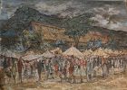 MUSLIM SALEH (1927-) Indonesian art 1962 painting of marketplace in a landscape