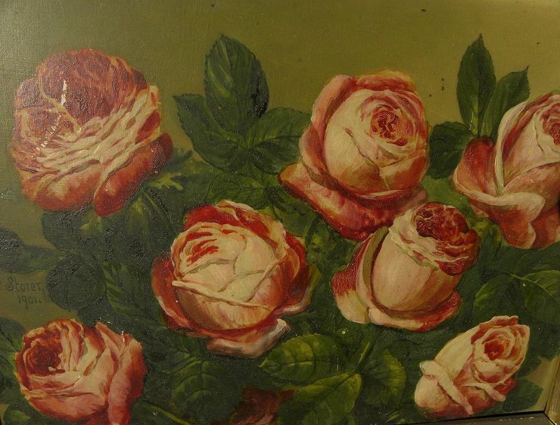 CHARLES STORER (1817-1907) still life painting roses well listed Boston artist