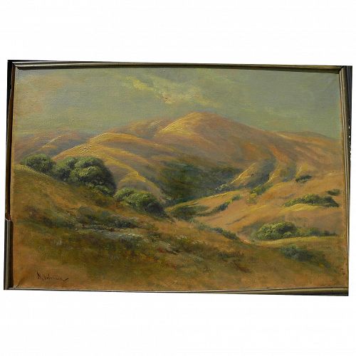 MANUEL VALENCIA (1856-1935) California plein air landscape painting of tawny gold hills by well listed artist