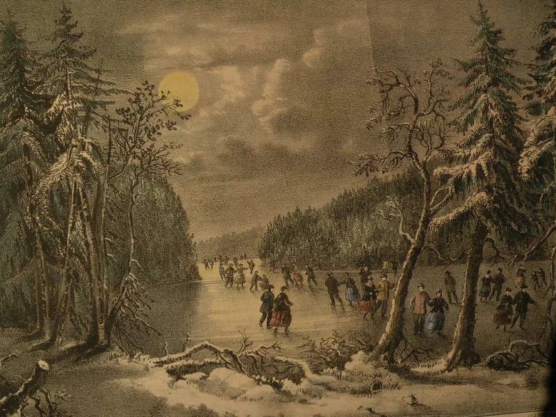 CURRIER &amp; IVES &quot;Skating Scene--Moonlight&quot; scarce small folio hand color lithograph print new best 50