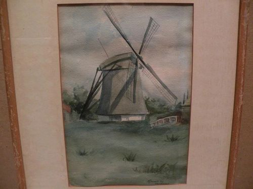 Dutch art 1907 signed watercolor landscape painting with windmill
