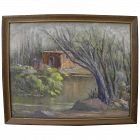 Southwest impressionist painting adobe house in landscape signed Clapp