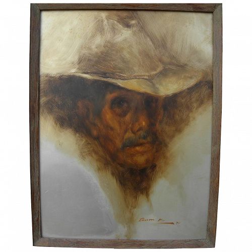 RAMON KELLEY (1939-) Southwestern American art 1970 painting of man in cowboy hat by well listed artist