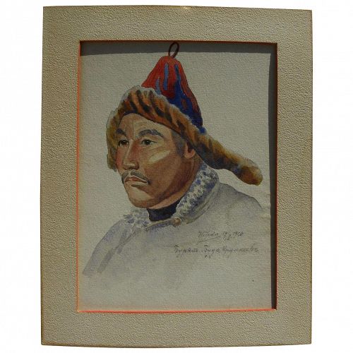 Old Russian 1920 watercolor painting of Mongolian man