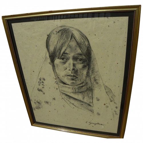 Charcoal portrait drawing of New Mexico young woman in traditional dress signed E. Gonzales