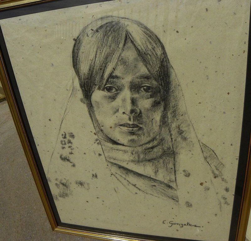 Charcoal portrait drawing of New Mexico young woman in traditional dress signed E. Gonzales