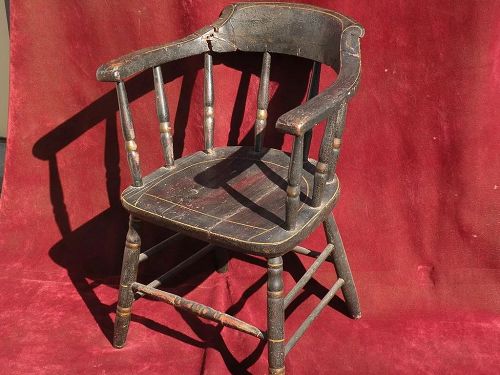 Early to mid 19th century American firehouse windsor chair original black paint and stencil