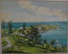 F. KENWOOD GILES (1899/1900-1972) Bermuda art original mid century signed large watercolor painting birds-eye view island landscape