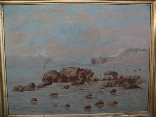 Early California art circa 1900 painting of Fort Point and Golden Gate in San Francisco before the bridge