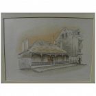 New Orleans art original ink and watercolor drawing of historical houses signed and dated 1968