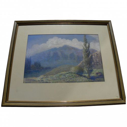 Vintage pastel mountain landscape drawing possibly Colorado signed I E Cutler