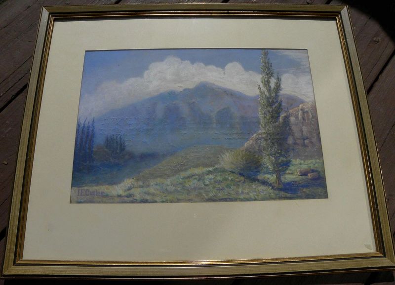 Vintage pastel mountain landscape drawing possibly Colorado signed I E Cutler