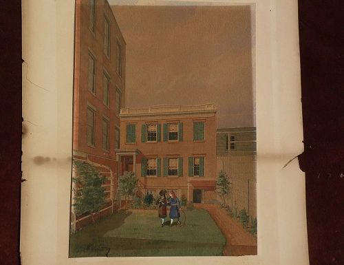 American vintage 1875 watercolor painting young girls and mid 19th century buildings