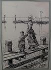 Dutch art ink drawing of Volendam dated 1908 signed by artist