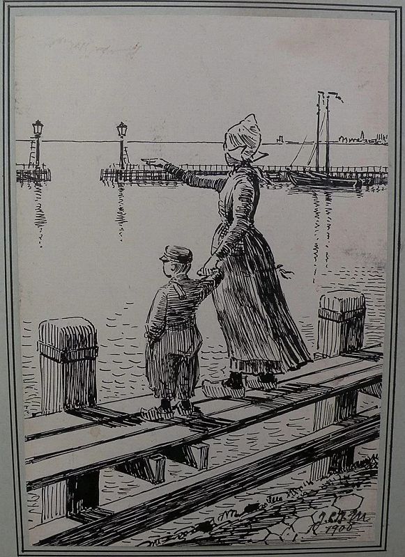 Dutch art ink drawing of Volendam dated 1908 signed by artist