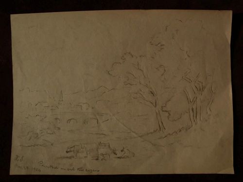 XANTHUS RUSSELL SMITH (1839-1929) noted American artist pencil drawing study of rural landscape with cows