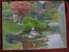 Impressionist painting Japanese style pond in a park