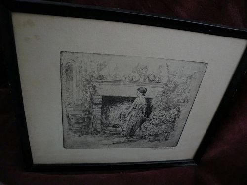 EDWILL FISHER (1896-1960) American art circa 1930 pencil signed etching of figures in an interior by a hearth
