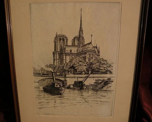 CAROLINE ARMINGTON (1875-1939) pencil signed original limited edition etching of Notre Dame cathedral in Paris