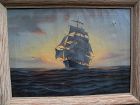 Vintage American marine art signed 1938 oil painting of clipper ship against the sunset