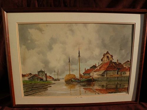 HERMANUS KOEKKOEK Jr. (1836-1909) watercolor painting of coastal town by noted Dutch artist