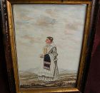 American folk art circa 1840 original watercolor and ink drawing of a lady in a landscape