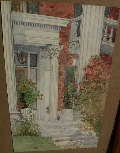American 19th century art watercolor painting stately home doorway