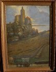 Modernist painting old world castle landscape signed and dated M. Lieberman 1905