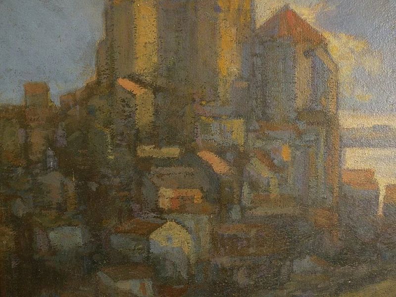 Modernist painting old world castle landscape signed and dated M. Lieberman 1905